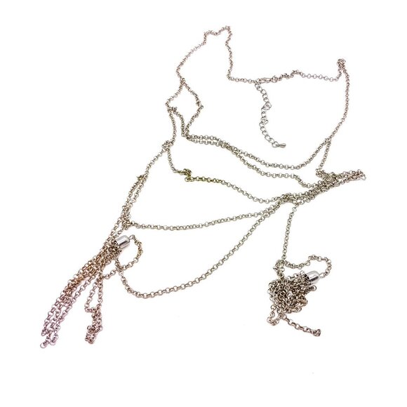 Vintage Long Silver Multi Layer Chain Necklace with Double Tassel Ends - Picture 2 of 3